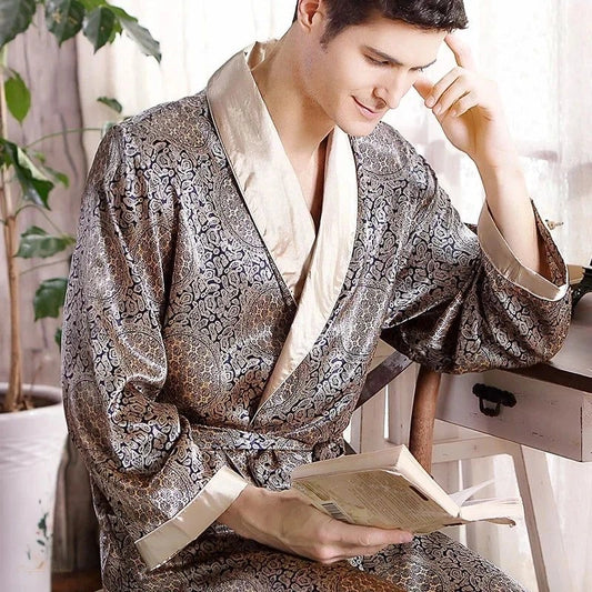 Peignoir Kimono Satin Or Et Bleu Homme Luxe - Or Et Bleu - M