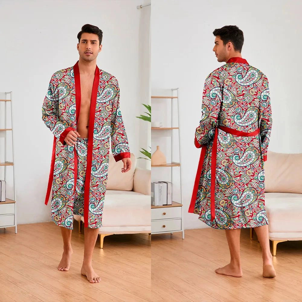 Peignoir Kimono Satin Rouge Paisley Homme 2 Pièces - Rouge Paisley - L