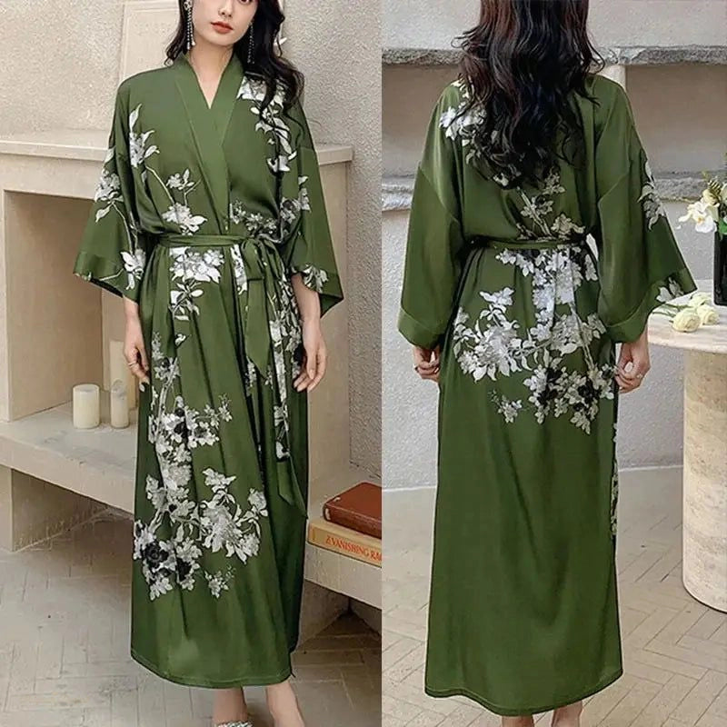 Peignoir Kimono Satin Vert Forêt Fleuri Femme - Vert Foret Fleuri - One Size