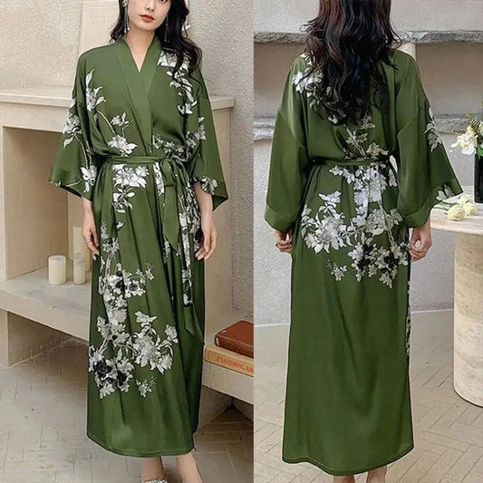Peignoir Kimono Satin Vert Forêt Fleuri Femme - Vert Foret Fleuri - One Size