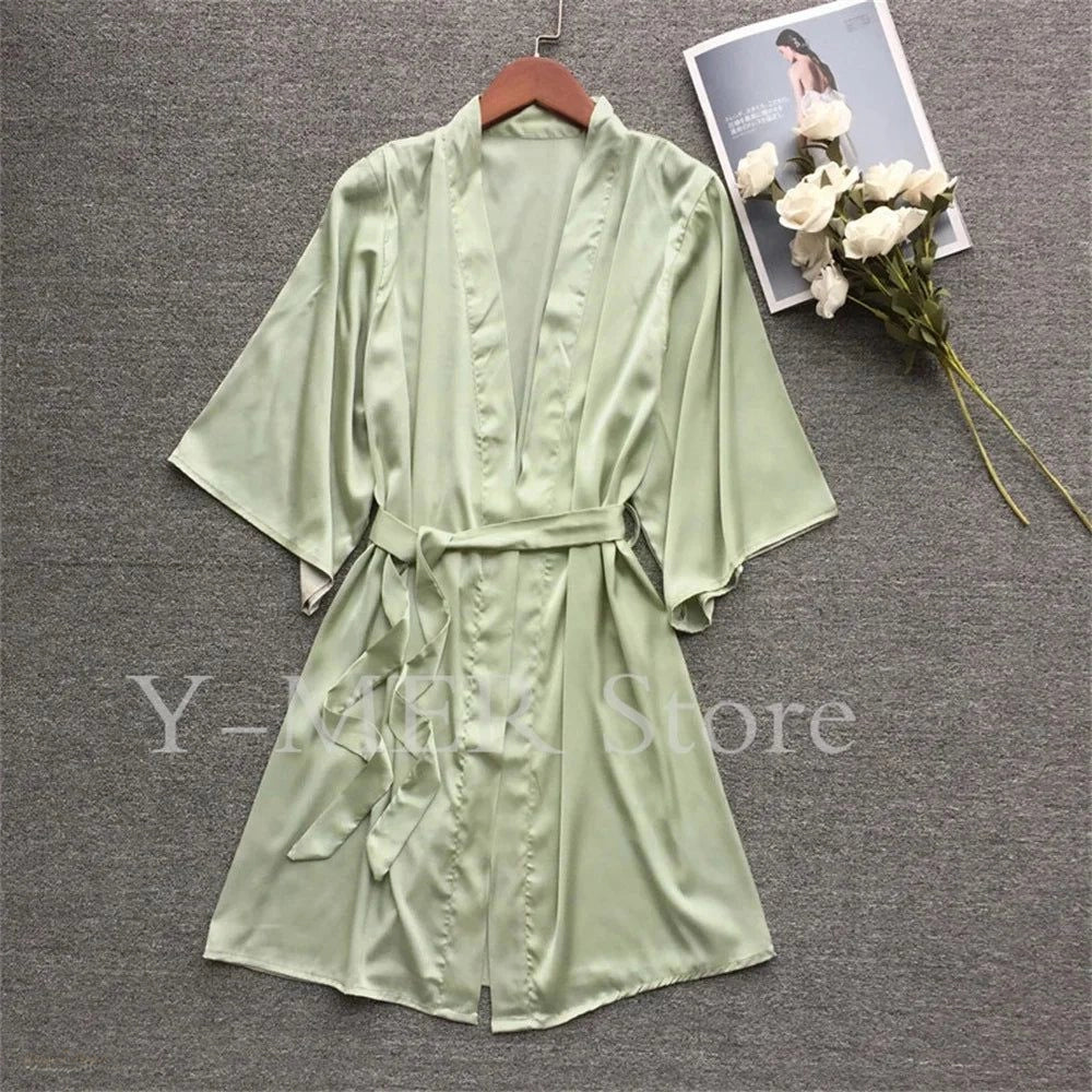 Peignoir Kimono Satin Vert Sage Femme - Vert Sage - L