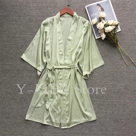 Peignoir Kimono Satin Vert Sage Femme - Vert Sage - L
