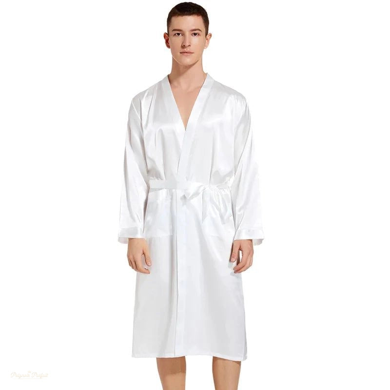Peignoir Long Blanc Satiné Homme - Robe Kimono Élégante - Blanc Satiné - S(57.5-65kg)