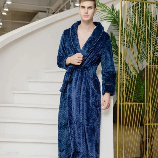 Peignoir Long Flanelle Bleu Marine Homme Automne Hiver - Bleu Marine - XL