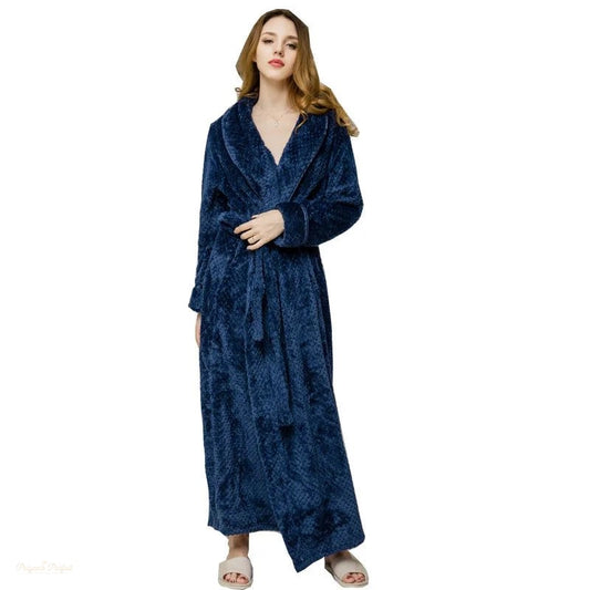 Peignoir Long Flanelle Bleu Marine Profond Femme - Bleu Marine Profond - XL