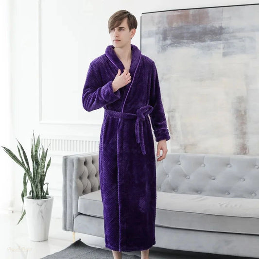 Peignoir Long Flanelle Violet Profond Homme Automne Hiver - Violet Profond - XL