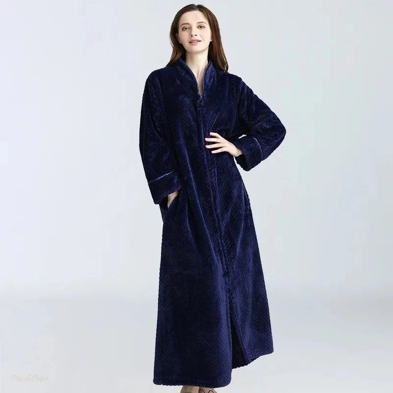 Peignoir long hiver bleu marine femme flanelle épaisse - Bleu Marine - XL(80-100kg) - Chine