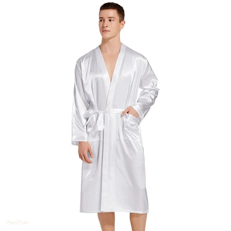 Peignoir Long Homme Blanc Satiné Kimono - Blanc Satiné - S(57.5-65kg)