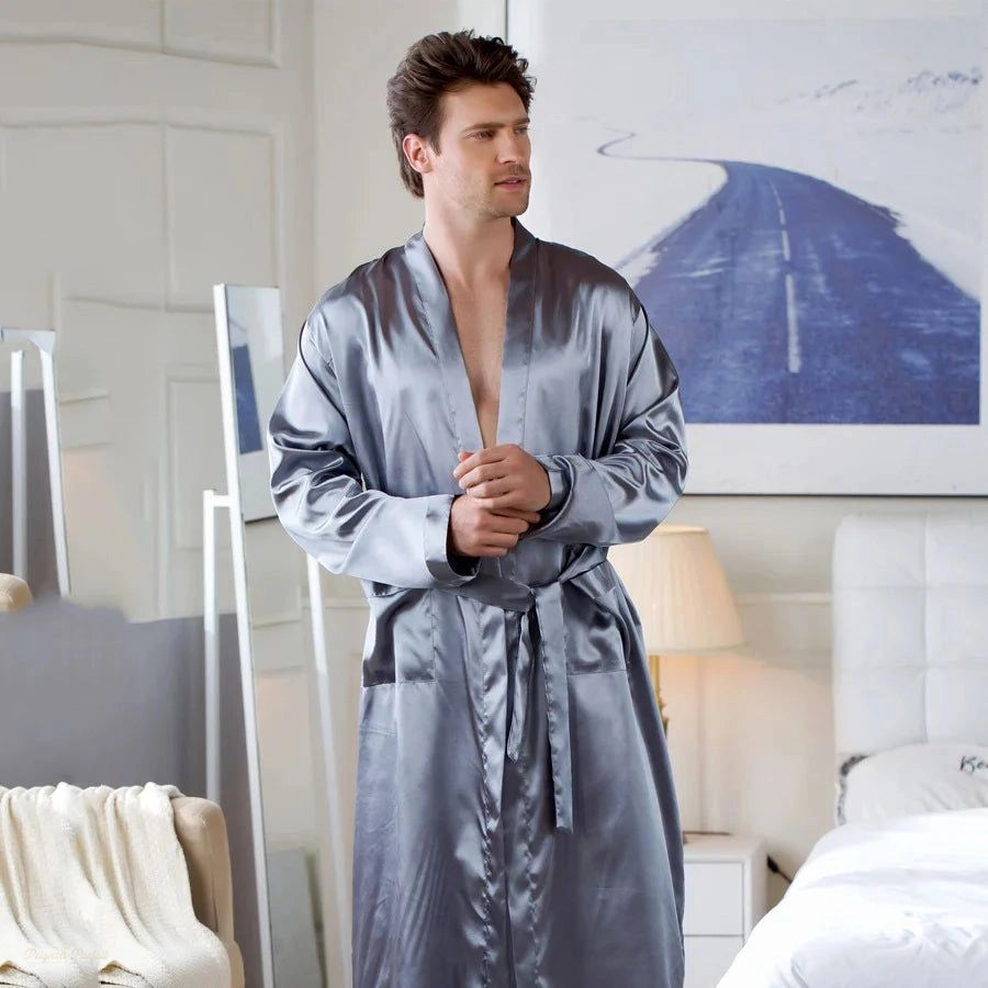 Peignoir Long Homme Satin Gris Satiné - Luxe Confort - Gris Satiné - XXXL