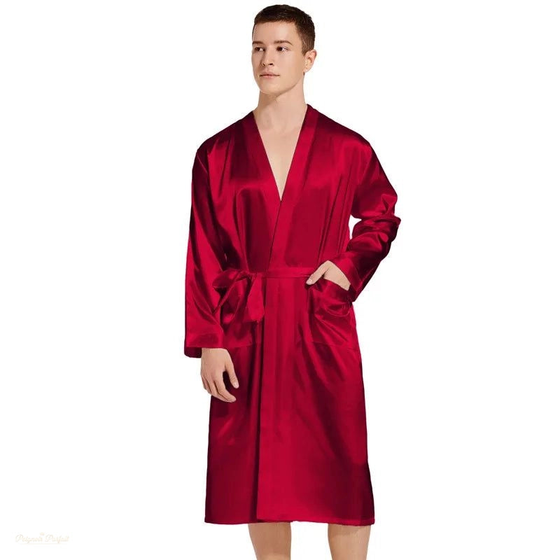 Peignoir long homme satin rouge bordeau kimono - Rouge Bordeau - XL(80-87.5kg)