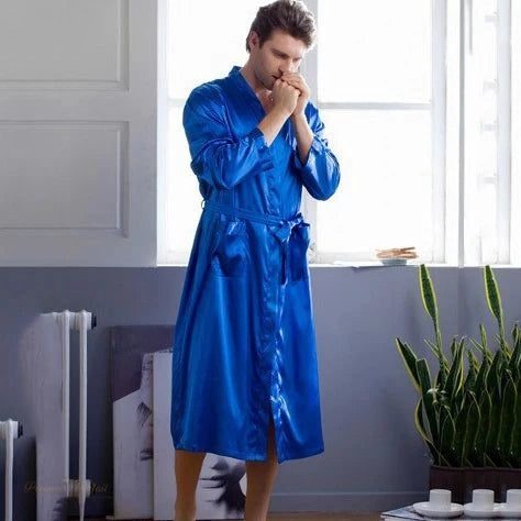 Peignoir Long Satin Bleu Royal - Homme Taille 3XL - Bleu Royal - XXXL