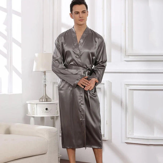 Peignoir long satin homme gris perle - Gris Perle - XL