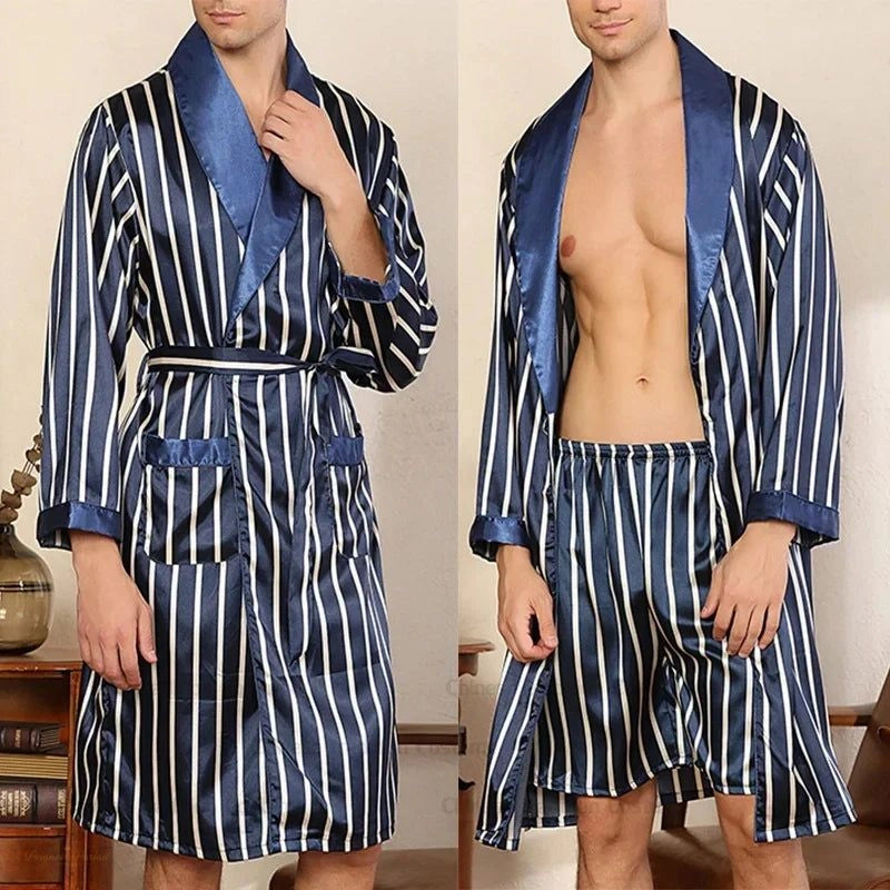 Peignoir Pyjama Homme Satin Bleu Marine Rayé - Bleu Marine Rayé - XXL