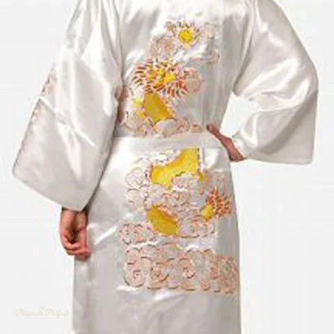 Peignoir Satin Blanc Pur Homme Dragon - Blanc Pur - XXL