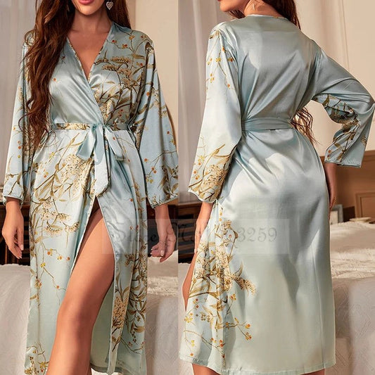 Peignoir Satin Bleu Ciel Fleuri Femme - Bleu Ciel Fleuri - XL