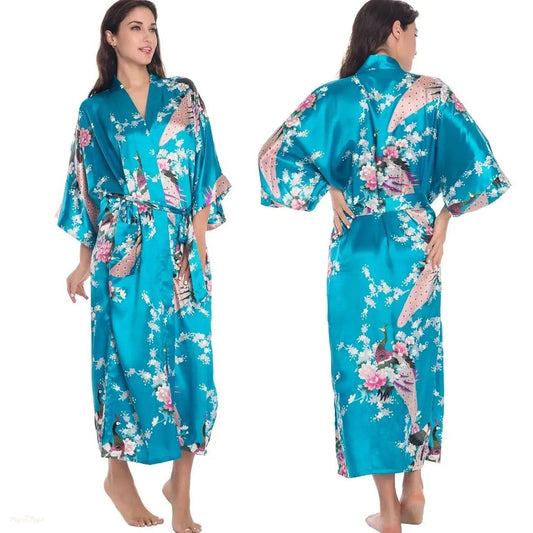 Peignoir Satin Bleu Ciel Fleuri Femme Manches Courtes - Bleu Ciel Fleuri - One Size