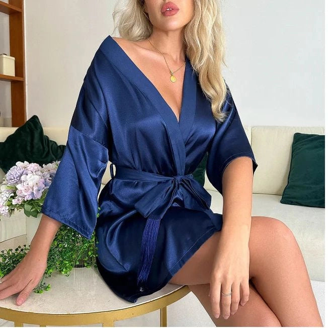 Peignoir Satin Bleu Nuit Femme Kimono - Bleu Nuit - M