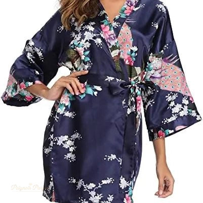 Peignoir Satin Bleu Nuit Floral Femme - Bleu Nuit Floral - XXL