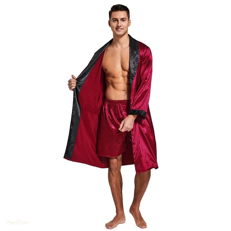 Peignoir Satin Bordeaux Homme avec Short Assorti - Bordeaux Satiné - XL