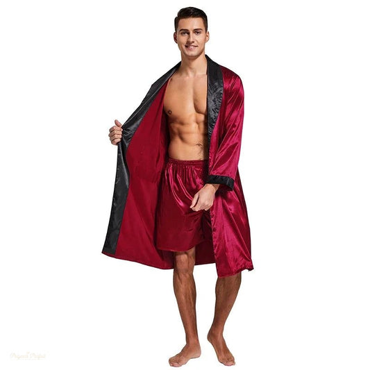 Peignoir Satin Bordeaux Homme avec Short Assorti - Bordeaux Satiné - XL