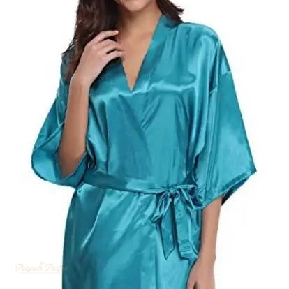 Peignoir satin court femme bleu turquoise kimono - Bleu Turquoise - XL