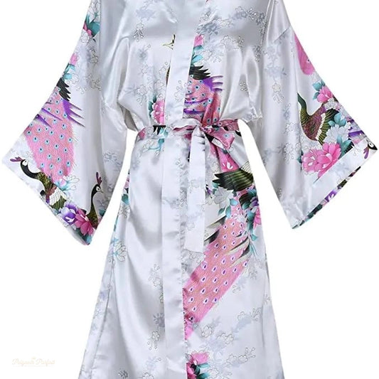 Peignoir Satin Femme Blanc Nacré - Robe Kimono Courte - Blanc Nacré - XL