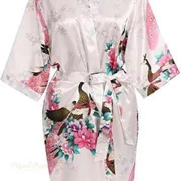 Peignoir Satin Femme Blanc Pur Motif Grue - Blanc Pur - L