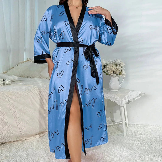 Peignoir Satin Femme Bleu Ciel Cœur Tailles Larges - Bleu Ciel Cœur - 5XL