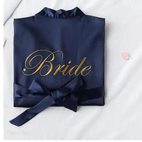 Peignoir Satin Femme Bleu Nuit Broderie Doré - Bleu Nuit - XXL