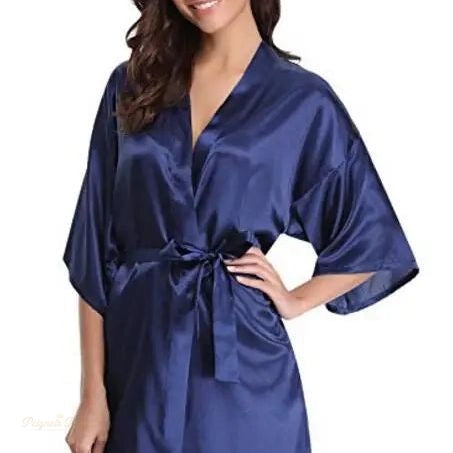 Peignoir Satin Femme Bleu Nuit Court - Bleu Nuit - XL
