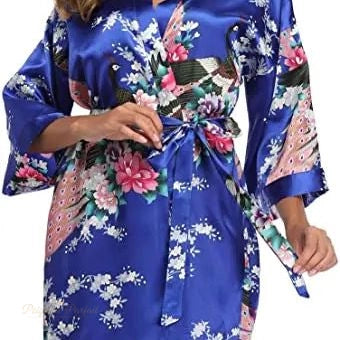 Peignoir Satin Femme Bleu Royal Imprimé Grue - Bleu Royal Satiné - XXL
