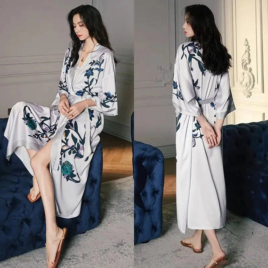 Peignoir Satin Femme Floral Gris - Robe de Chambre Élégante - Gris Fleur - One Size