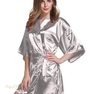 Peignoir Satin Femme Gris Argenté Kimono Court