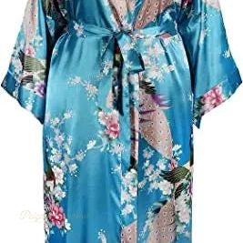 Peignoir Satin Femme Imprimé Grues Bleu Aqua - Bleu Aqua - L