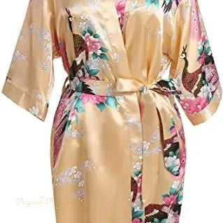 Peignoir Satin Femme Jaune Soleil - Kimono Imprimé Grue - Jaune Soleil - S