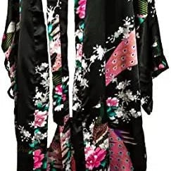 Peignoir Satin Femme Noir Élégant Imprimé Grue - Noir Élégant - M