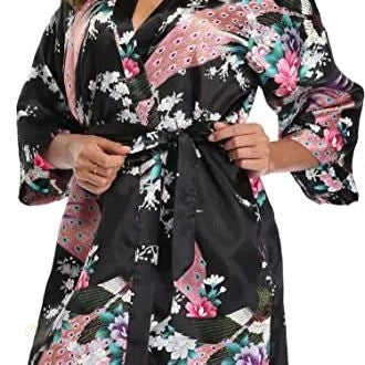 Peignoir Satin Femme Noir Élégant Kimono - Noir Élégant - XXL
