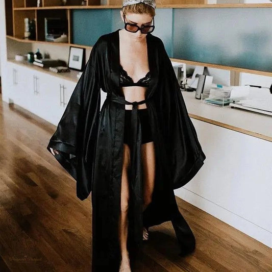 Peignoir satin femme noir élégant manches longues - Noir Élégant - XXXXL