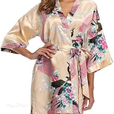 Peignoir Satin Femme Or Lumineux Imprimé Grue - Or Lumineux - XXL