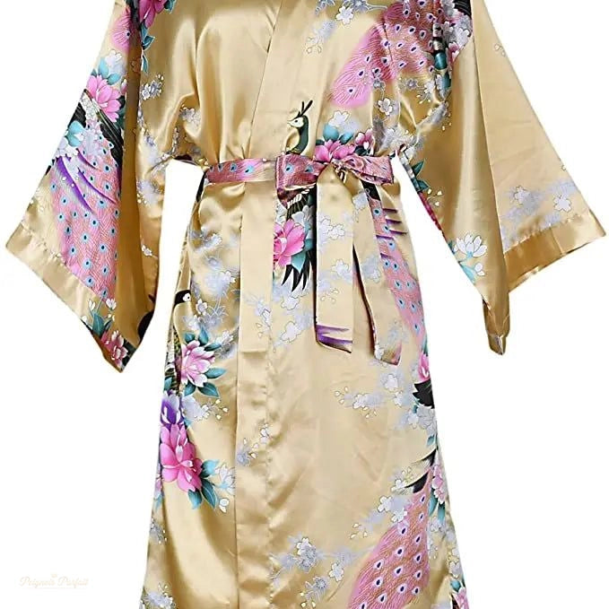 Peignoir Satin Femme Or Lumineux - Robe Kimono Courte - Or Lumineux - S