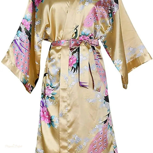 Peignoir Satin Femme Or Lumineux - Robe Kimono Courte - Or Lumineux - S
