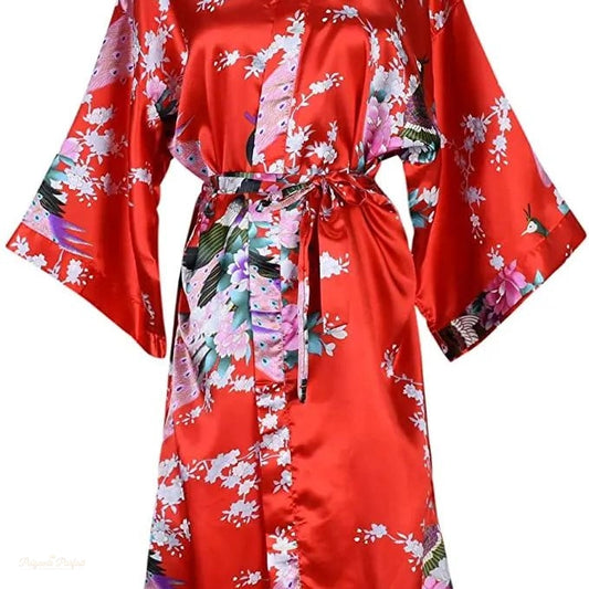 Peignoir Satin Femme Rouge Passion - Kimono Robe Courte - Rouge Passion - S