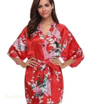 Peignoir Satin Femme Rouge Passion - Motif Grue Kimono - Rouge Passion - XXL