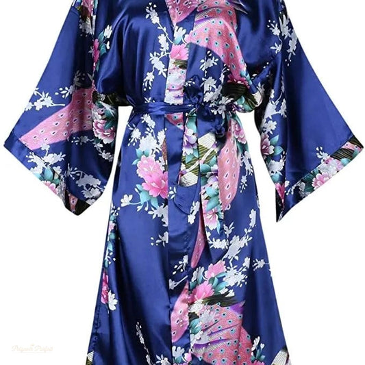 Peignoir Satin Floral Femme Bleu Nuit Kimono - Bleu Nuit - S