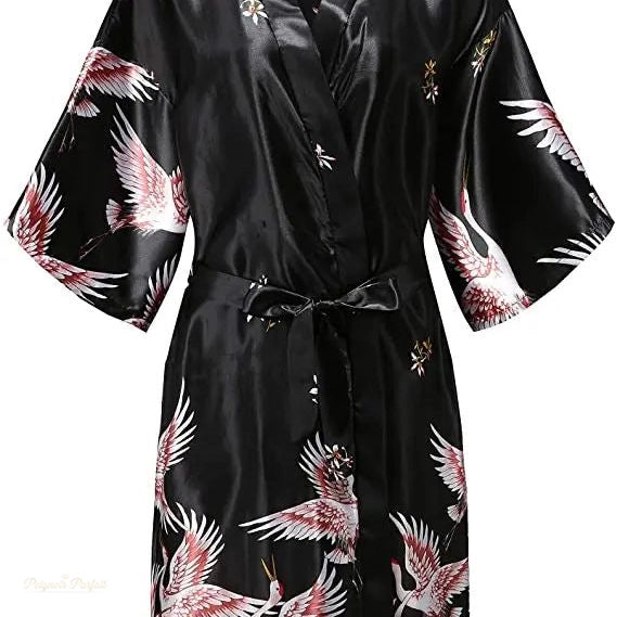 Peignoir Satin Floral Femme Noir Élégant - Noir Élégant - XXL