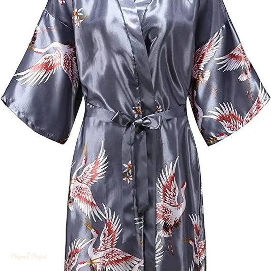 Peignoir Satin Gris Perle Femme Kimono Floral - Gris Perle - S