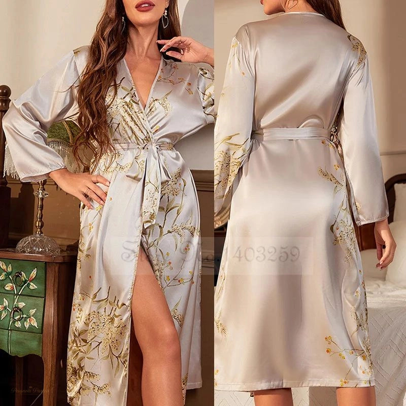 Peignoir Satin Gris Satiné Femme Motif Floral - Gris Satiné - L