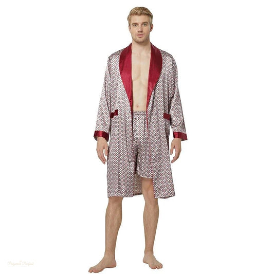 Peignoir Satin Homme Beige Et Bordeaux - Kimono Léger - Beige Et Bordeaux - L