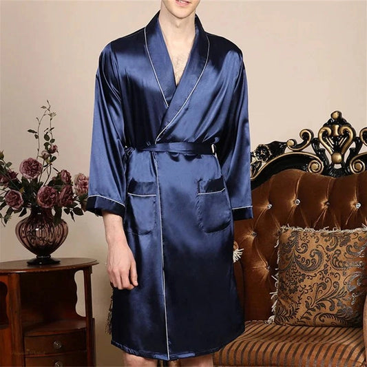 Peignoir Satin Homme Bleu Nuit - Bleu Nuit - M