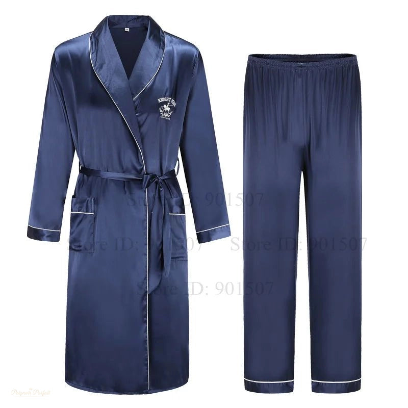 Peignoir Satin Homme Bleu Nuit - Ensemble Pyjama Luxe - Bleu Nuit Satiné - XXXL